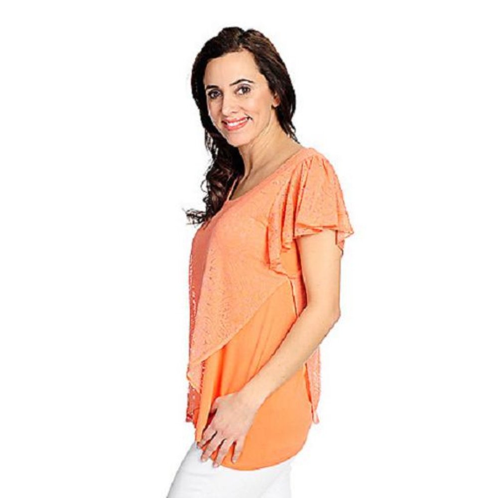 NWOT - One World Burnout Knit Flutter Sleeve Partially Lined Uneven Hem, Size M
